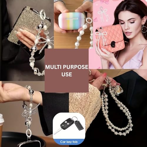 Image of Phone Charm with Beaded Chain | Acrylic Phone Strap for Mobile Keys & Bags | Decorative Wrist Strap | Lanyard Charms | Keychain Accessory for Women Girls (Silver-Bow)