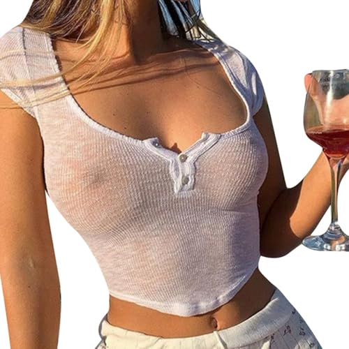 Women's Sexy See-Through T-Shirt Tops Y2k Short Sleeve Low Cut Baby Tee Sheer Summer Cropped Shirt (White, S)