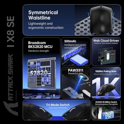 ATTACK SHARK X8SE Mouse for Large Hand, 55g Superlight, PixArt PAW3311 Gaming Sensor, BT/2.4G Wireless/Wired, Adjustable DPI up to 25000, 500mAh Battery (Black) – Bild 6