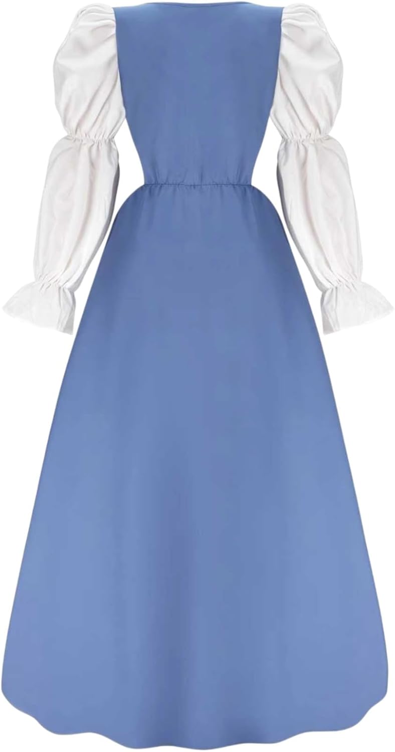 Womens Renaissance Dress, Halloween Medieval Victorian Costume Lace Up Bubble Sleeve Fairy Maxi Dresses - Image 2