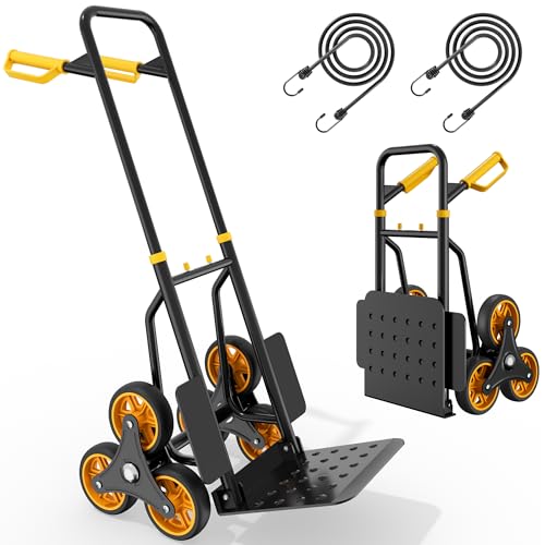 YITAHOME Faltbarer Treppensteiger mit 6x φ15,2 cm Großen Industrierädern, Höhenverstellbarer Stahl Sackkarre mit Stark Greifenden Leisen Rädern, 150 kg Kapazität Inkl. 2x Gummiseil
