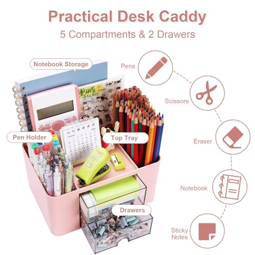 Image of ZIBUYU Desk Organiser Office Table with 2 Drawers & 5 Compartments, ABS Pen Holder /Stand for Office Table, Stationary Organizers Box, for Stationery, Makeup & Study Organization(Pink)