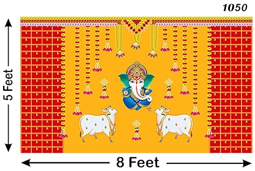 Image of Marigold Flower with Cows and Ganesh ji Design Backdrop Cloth for Pooja Decoration Traditional Background Curtain Cloth for Festival Size 5 Feet Height and 8 Feet Width(5 * 8)