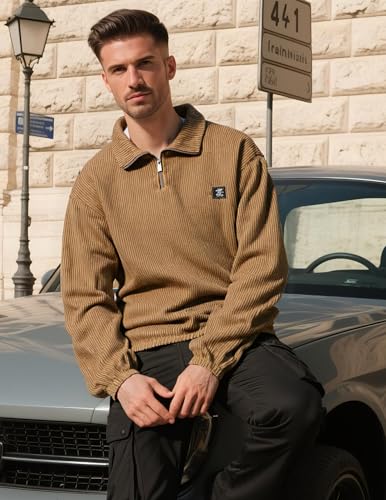 ZAFUL Men’s Quarter Zip Polar Fleece Sweatshirt – Vintage Embroidered Graphic Pullover, Black Coffee Green Casual Top3