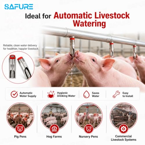 Image of Pig Nipple Water Drinkers - Pack of 20 | Automatic Stainless Steel with Plastic Red Cap Nipples for Piglets | Farm Livestock Watering System