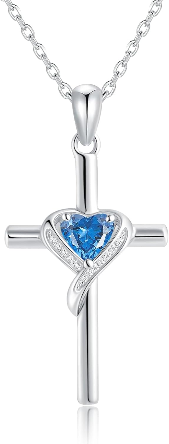 CCmfgjew Valentines Day Gifts Cross Necklace for Women 925 Sterling Silver Birthstone Cross Pendant Necklace Cross Jewelry Gifts for Women Mother Wife on Birthday Mother's Day