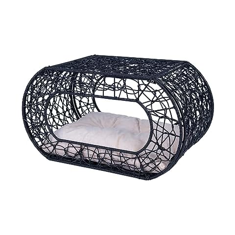 OEHID Wicker Cat Bed Condo for Indoor Outdoor, Rattan Cat Bed Cave with Soft Cushion for Indoor Cats Kitty, Pet Cat Basket Beds Cat Bed Enclosed with Rattan Interactive Hanging Ball Toy, Black Cover
