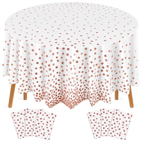 Newwiee 6 Pcs Round Tablecloth 84'' Plastic Tablecover, White Rose Dots