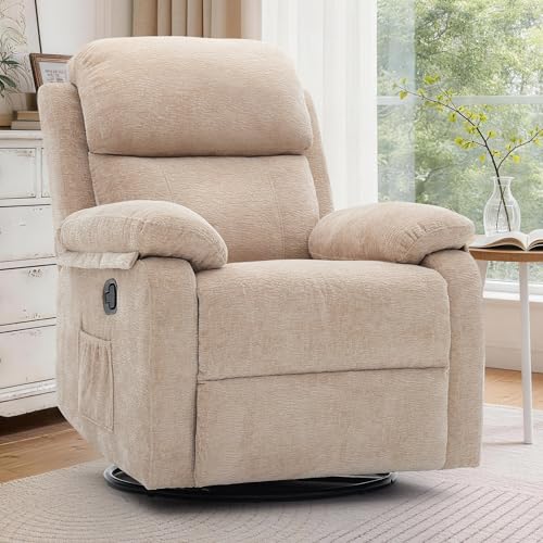 Image of Korser Recliner Chair, 360 Swivel Rocker Chair for Adults, Small Rocking Recliner Chair for Small Spaces, Upholstered Chenille Fabric Glider Recliner Nursery Chair with Side Pockets for Living Room