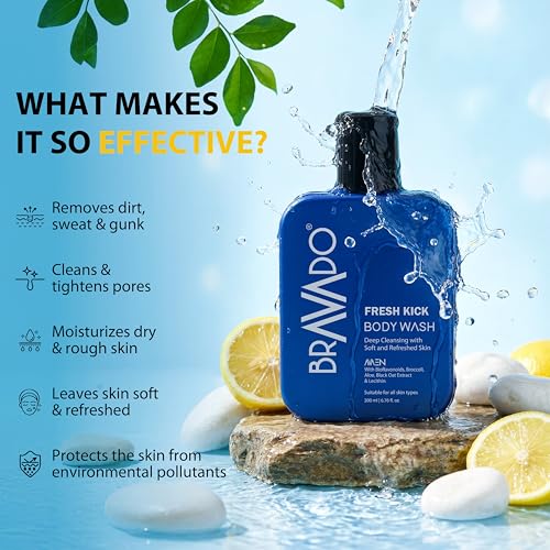 Image of BRAVADO Fresh Kick Body Wash (Pack of 2) Value Pack | Deep Cleansing Shower Gel for Men | Hydrating Body Wash Removes Sweat Dirt & Pollution | 200ml Each
