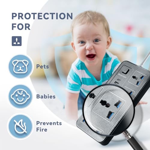 بايشن وصلة تمديد كهربائية عالمية مع 3 منافذ دبابيس، سلك تمديد مع 6 مقابس | 3 منافذ USB | منفذ واحد من النوع C، كيبلات طاقة تمديد بطول 1.88 متر للمنزل والمطبخ والمكتب (اسود)