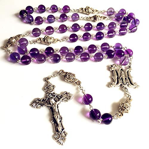 elegantmedical HANDMADE AMETHYST ROSE BEADS 5 DECADE ROSARY ITALY CROSS CRUCIFIX CATHOLIC NECKLACE BOX