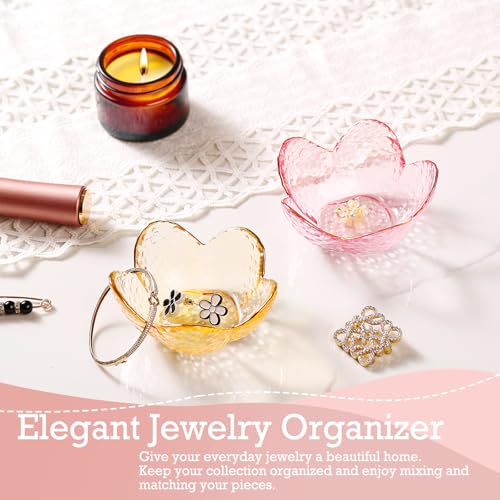 Image of Gifts for Women Pink Flower Ring Dish Glass Jewelry Dish Jewelry Tray Cute Vanity Organizer Room Decor Aesthetic Nightstand Bathroom Decor Trinket Dish Ring Holder Dish Jewellery Tray Valentine's Gift
