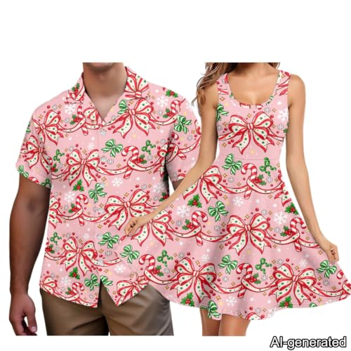 Image of Dreaweet Summer Dresses for Women A-Line Sleeveless Flowy Sun Dresses,Men's Casual Button-Down Shirts,Couple Matching Outfits