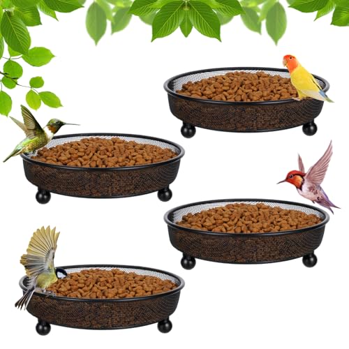 4 Pcs Black Platform Bird Feeder Tray, 7 x 2 Inch Iron Mesh Seed Trays for Outdoor Wild Birds Squirrels Doves, Squirrel Resistant Garden Yard Decoration