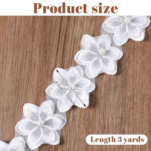 3 Yards Organza Flower Trims 3D Pearl Beads Lace Edge Trims Ribbon Vintage Edging Trimmings Fabric Embroidered Applique Floral Applique for Sewing DIY Crafts Wedding Dress Embellishment - Thumbnail 2