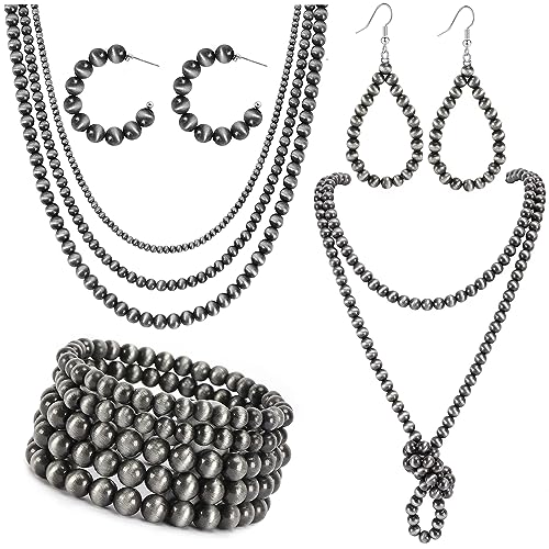 SONNYX Navajo Pearl Jewelry Set for Women - Pearl Necklace, Beaded Bracelet, Dangling Earrings, Multilayer Boho Vintage Choker Necklace - Western Jewelry for Cowgirl
