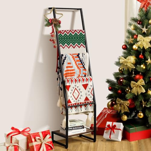 DGWJSU Blanket Ladder, 5 Tier Ladder Shelf,Wooden Blanket Ladders for Living Room and Bedroom, 5.2ft...