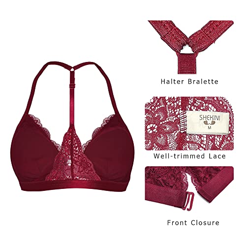 Image of SHEKINI Women's Lace Bra Wireless Padded Triangle Bralettes for Women Front Closure Halter Bras for Women