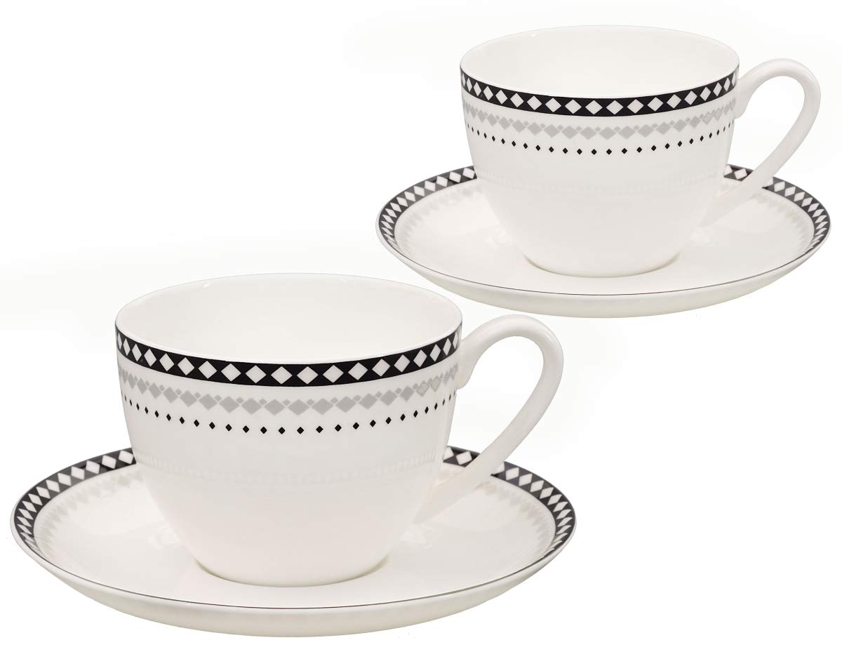 Kaffeeservice aus Fine Bone China Porzellan. Tee- / Kaffeekanne 1,5l mit stilvollem Rautendekor, 2 Kaffeetassen und 2 Unterteller.