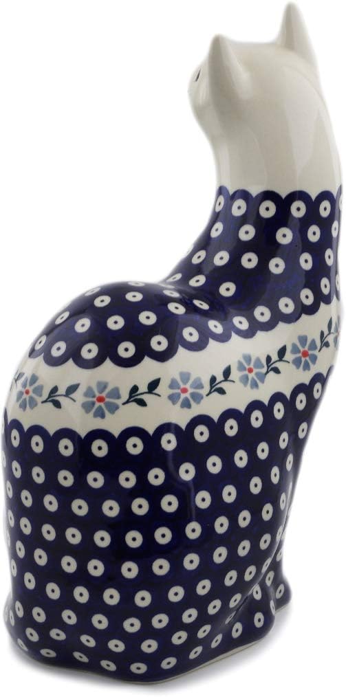 Polmedia Polish Pottery Cat Figurine - Peacock Forget-Me-Not Pattern Handmade in Boleslawiec Poland + Certificate of Authenticity