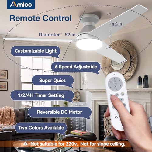 Image of Amico Ceiling Fans with Lights, 52 inch Low Profile Ceiling Fan with Light and Remote Control, Flush Mount, Reversible, 3CCT, Dimmable, Noiseless, Silver Ceiling Fan for Bedroom, Indoor /Outdoor Use