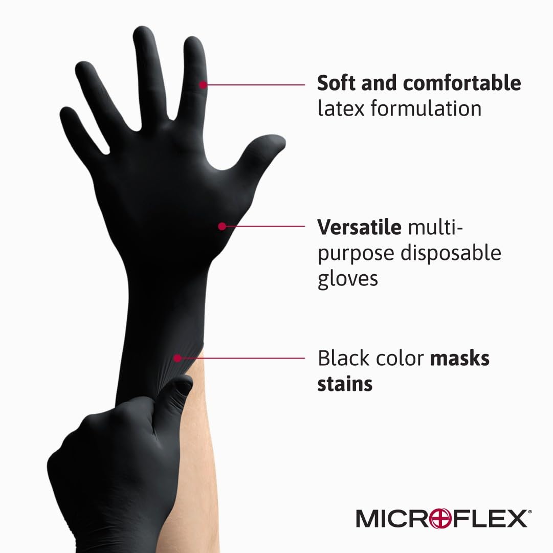 Ansell MICROFLEX Black Dragon BD-100L Heavy Duty 6.7 mil Latex Exam Gloves for Automotive, Food, Life Sciences, Healthcare, Size 8 (M), Black (Case of 2000)