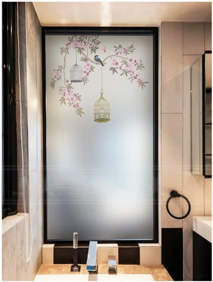 Window Privacy Film Window Film Window Privacy Film Chinese Flower and Bird Pattern Glue-Free Frosted Balcony Bathroom Window Decoration Window Paper Blackout Window Film Window Films(A,30 * 120 cm)