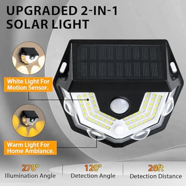 Solar Motion Lights Fence Lights Outdoor Wall Light 54LEDs White Light 4LEDs Warm Light