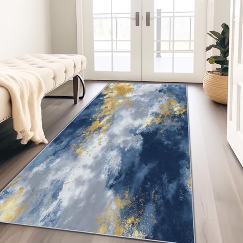 Tapis de passage couloir doux à poil ras bleu et or vintage - 4