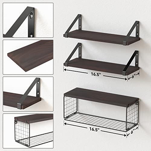 Dollfio Floating Shelves For Bathroom With Basket, Wooden Wall Shelves, Floating Shelves For Wall Décor, Wall Mounted Floating Shelf For Bathroom, Floating Shelf For Wall, Living Room–Rustic Brown #TOP2