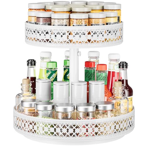 Drehbares Gewürzregal Lazy Susan – 360° drehbar, Metalltablett, Blumenregal, 32 cm, für Speisekammer, Küche, Möbelstück, Bad, Kühlschrank, Tisch, Schwarz (2 Tier Weiß)