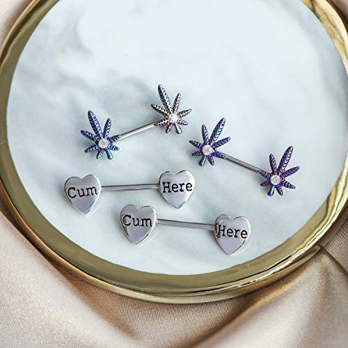 Charm Online 4 Pcs 14G Marijuana Leaf Nipple Rings Surgical Steel And Letter Cum Here Set Nipple Barbell For Women Men Body Piercing (Multicolor) #TOP6