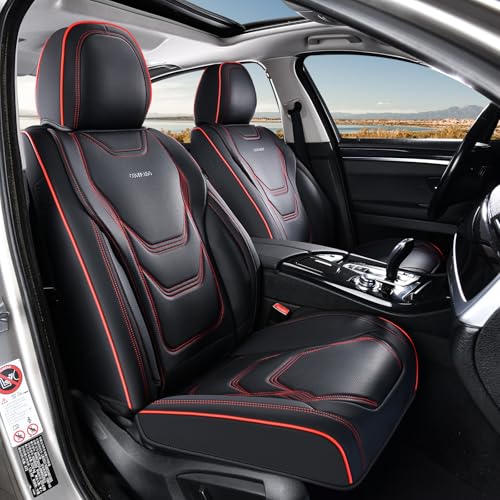 Coverado Car Seat Covers Full Sets, 5 Piece Car Seat Protector Waterproof Leather Seat Cushion Universal Fit for Truck Automotive Vehicles Black&Red by Coverado - Used condition - Image 2