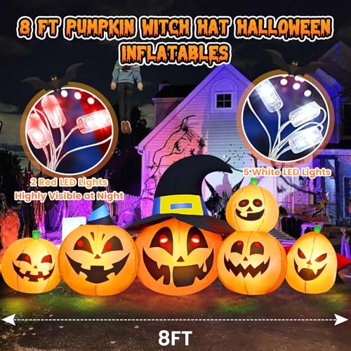Jujuicer RH-120-1250U4-1 8 Ft Halloween Inflatable Decorations Pumpkin With White & Red Built-In Leds Cute Witch Hat & Different Expression Halloween Blow Up Inflatables For Outdoor Yard Garden Lawn Fall Decor Holiday Party thumb #1