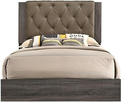 BOWERY HILL Eastern King Bed, Fabric Upholstered Diamond Tufted Headboard, Wood Frame, Rustic Gray Oak Finish, 87 L x 79 W x 53 H, Transitional Style Bedroom Furniture