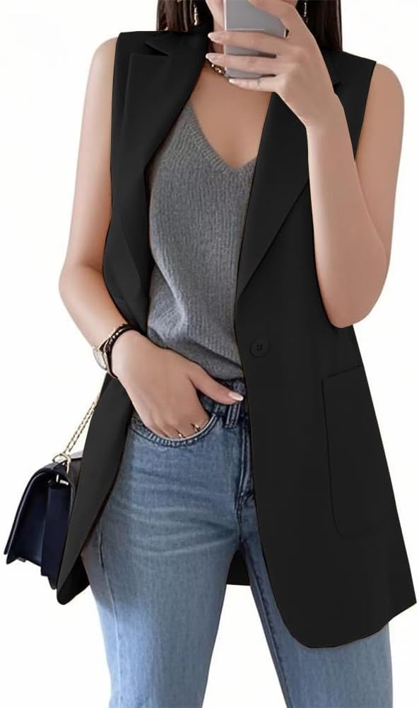 IDEALSANXUN Womens Long Vest Sleeveless Blazer Dressy Spring Summer Suit Jackets