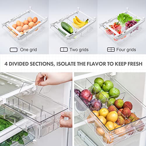 Pumboom 2-Pack Refrigerator Organizer Bins With Handle, Freely Pull-Out Fridge Drawer Organizer With 4 Divided Sections Design, Fridge Organizers And Storage Clear, Fit For Fridge Shelf Under 0.6" #TOP2