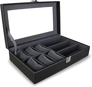 صندوق عرض منظم للساعات والنظارات الشمسية بـ 6 فتحات لتثبيت الساعات و3 أقسام، صندوق ساعات لتخزين النظارات بتصميم باللونين الأسود والرمادي ومظهر من الجلد، علبة ساعات مناسب للرجال والنساء
