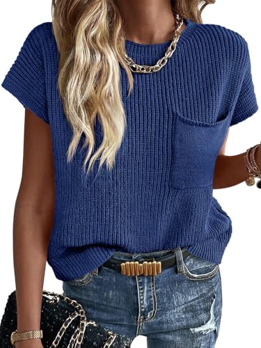 Image of Imily Bela Summer Fall Short Sleeve Sweater for Women | 2026 Crew Neck Ribbed Knit Vests Trendy Pullover Tops,Sweater Tank Tops,Sweater Vest