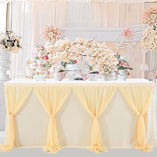 14ft Champagne Table Skirt Tulle Wedding Table Cloth Elegant Tutu Table Skirt Cover for Birthday Party Baby Shower Dessert Buffet Banquet Table Decorations