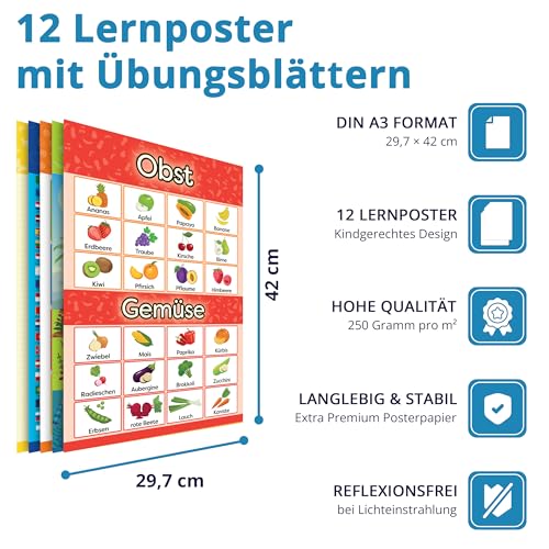 LOGIJO® 12 X pädagogische Montessori Lernposter - Set A3 mit Übungsblättern - Extra Premium Poster Papier seidenmatt - Lerngrundlagen 2 - Lernhilfe für Kinder zur Einschulung, Schulanfang, Grundschule