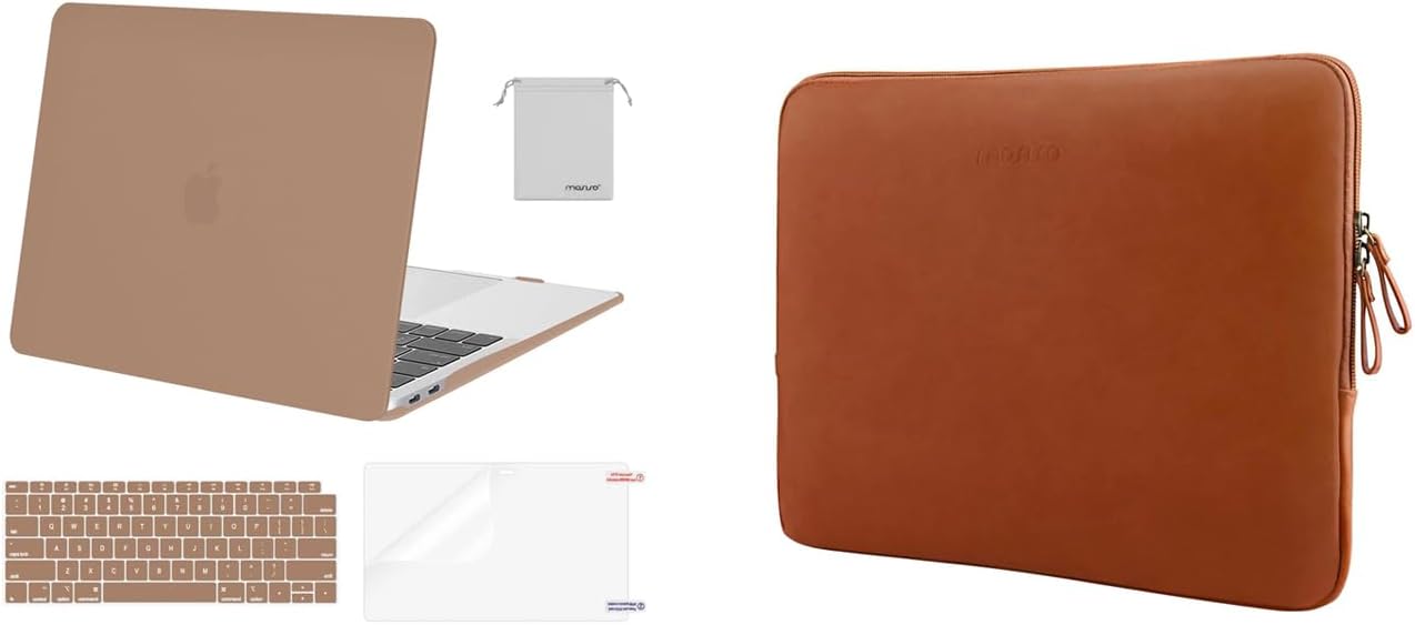 MOSISO PU Leather Padded Laptop Sleeve&Compatible with MacBook Air 13 inch Case 2022-2018 A2337 M1 A2179 A1932, Plastic Hard Shell&Keyboard Cover&Screen Protector&Storage Bag, Caramel Brown&Brown