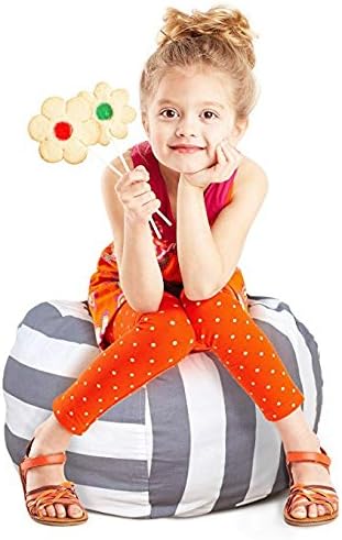 BROLEX 27'' Stuffed Animals Bean Bag Chair Cover-100% Cotton Canvas Kids Toy Storage Zipper Bags Comfy Pouf for Unisex Boys Girls Toddlar, Grey White Stripe