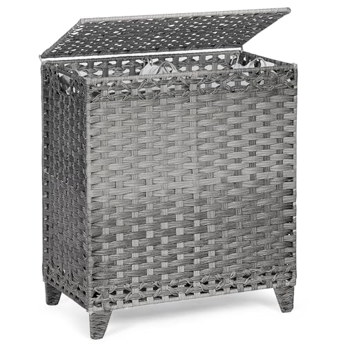 Image of Laundry Hamper with 2 Removable Liner Bags; 88L Handwoven Rattan Laundry Basket with Lid & Heightened Feet; Clothes Hamper with Side Handles(Gray)