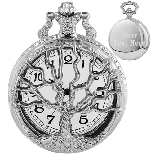 Image of Tiong Pocket Watch Hollow Tree of Life Design Roman Numerals Engraved Bible Verse Quartz Pocket Watch with Chain Custom Pocket Watch Birthday Gifts