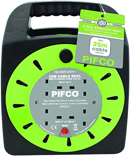 2 x Pifco 4 Way UK 3Pin Plug 13amp Extension Reel with 25 Metre Heavy-Duty Winding Cable and Safety Cut Out Switch - Black
