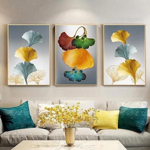 Plante peinture abstraite ginkgo biloba en lot de 3 toiles pour habiller un mur vide sans encombrer