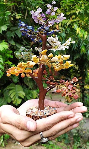 Shawn Seven Chakra Natural Healing Gemstone Bonsai Fortune Money Tree For Good Luck, Wealth & Prosperity Office Decor Spiritual Gift (With Golden Wire And 300 Beads) Size 10-12 Inches, Golden,Natural #TOP3