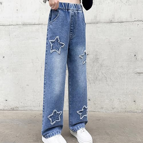 Girls Straight Star Applique Jeans Baggy Elastic Waist Wide Leg Jeans Vintage Y2K Streetwear Aesthetic Teen Clothes4